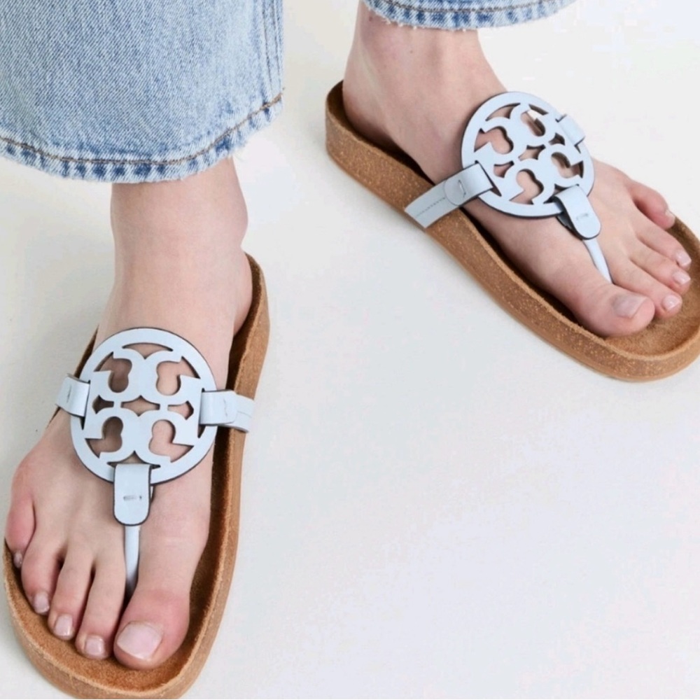 Tory Burch Miller Pale Blue Logo Thong Sandals Sz 8 Comfort Orthotic Cork Sole - Picture 4 of 10